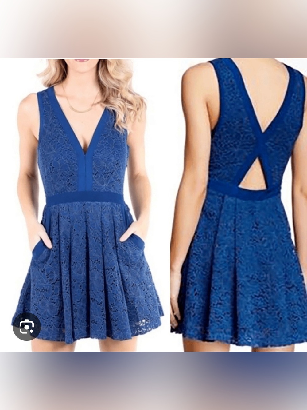Free People Royal Blue Lace V-Neck Mini Dress